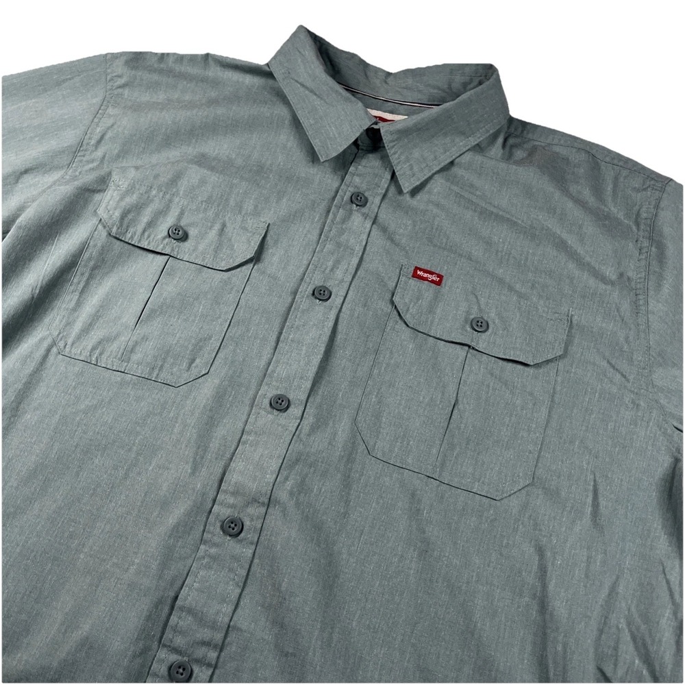 Wrangler Short‎ Sleeve Button Down Shirt Mens 2XL Green Grey Stretch Workwear